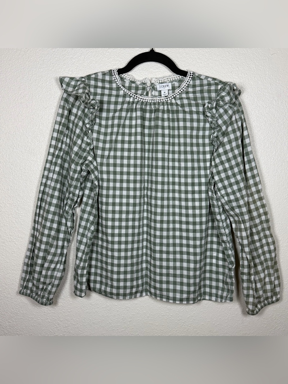J.CREW Women’s Green White Gingham Ruffle Crochet Trim Blouse M Cottagecore